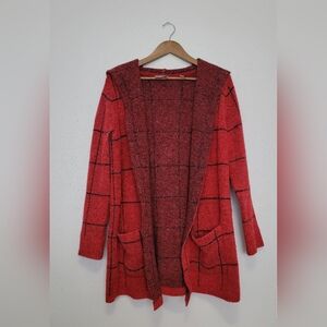Cyrus Red Windowpane Hooded Open Cardigan Sweater